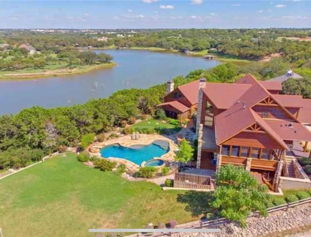 drone / aerial view featuring a water view