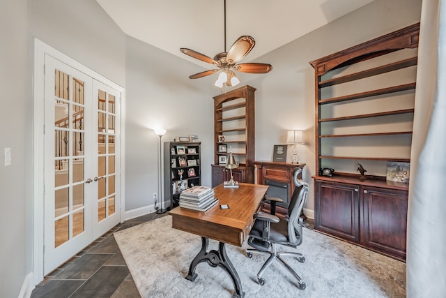 office area featuring french doors and ceiling fan