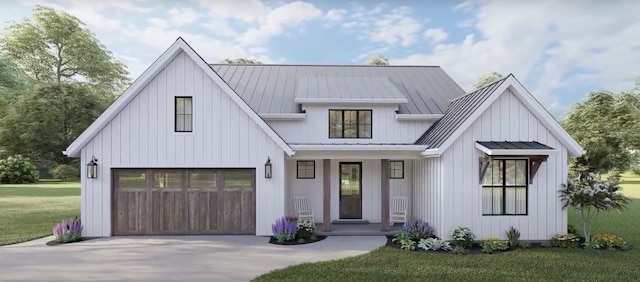 modern farmhouse featuring a porch, a garage, and a front yard