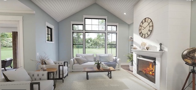 living room with a large fireplace, high vaulted ceiling, plenty of natural light, and wood ceiling