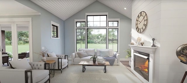 living area featuring a wealth of natural light, a fireplace, high vaulted ceiling, and wood ceiling