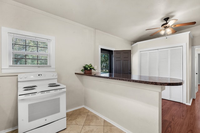 kitchen featuring kitchen peninsula, plenty of natural light, light hardwood / wood-style flooring, and white electric stove