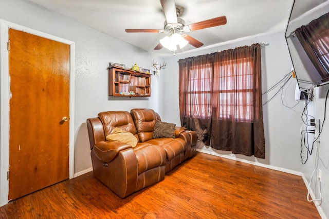 living room with ceiling fan and wood-type flooring