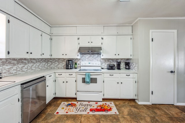 kitchen with white cabinets, white electric stove, stainless steel dishwasher, decorative backsplash, and extractor fan