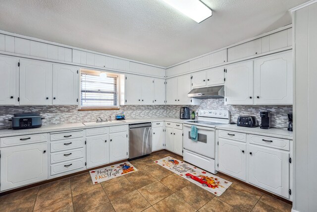 kitchen featuring white cabinetry, sink, tasteful backsplash, stainless steel dishwasher, and electric stove