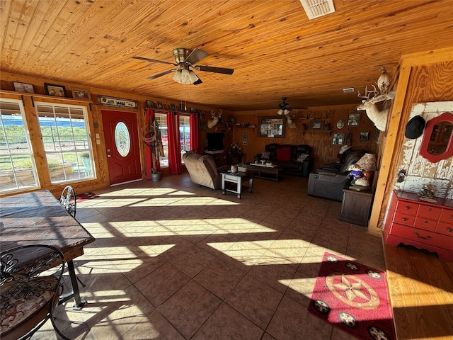 interior space featuring ceiling fan, wooden walls, and wood ceiling