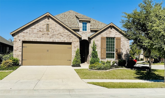 view of front of home with a garage and a front lawn