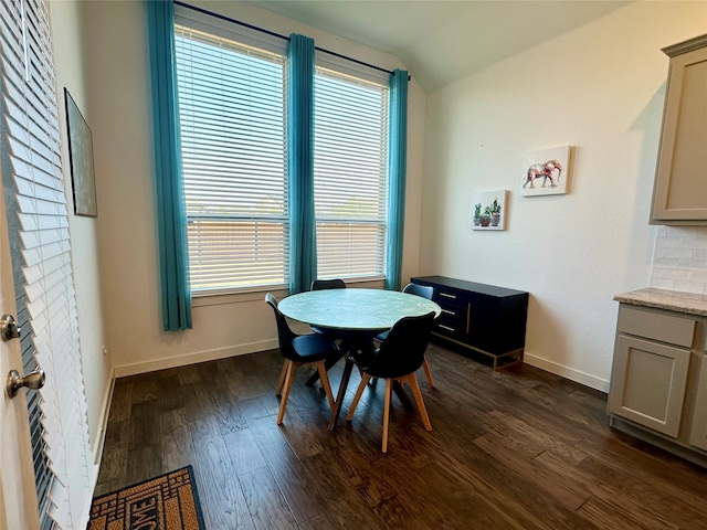 dining space with a wealth of natural light, dark hardwood / wood-style flooring, and lofted ceiling