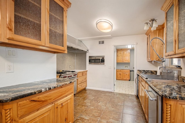 kitchen featuring dark stone countertops, sink, backsplash, and stainless steel appliances