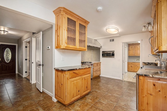 kitchen with appliances with stainless steel finishes, sink, and dark stone countertops