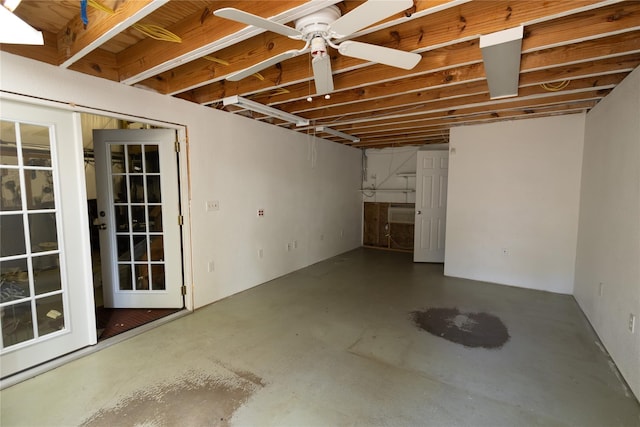 basement with ceiling fan