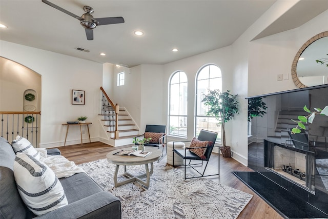 living room featuring ceiling fan and wood-type flooring