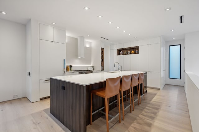 kitchen with white cabinets, light wood-type flooring, and an island with sink