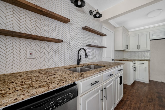 kitchen featuring crown molding, sink, stainless steel dishwasher, light stone counters, and white cabinetry