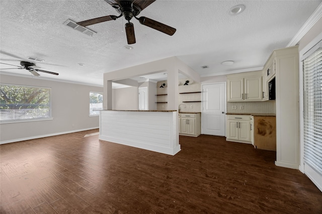 kitchen with backsplash, dark hardwood / wood-style floors, ornamental molding, and a textured ceiling