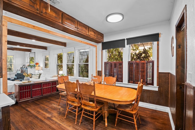 dining space featuring wooden walls, beamed ceiling, and dark wood-type flooring