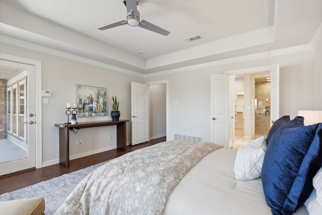 bedroom with dark wood-type flooring, access to outside, a raised ceiling, crown molding, and ceiling fan