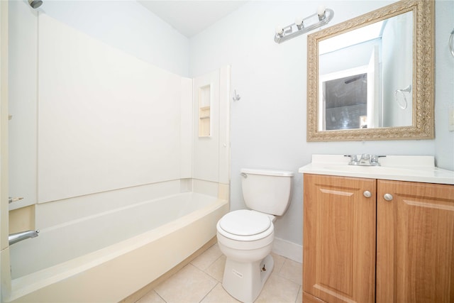 full bathroom with bathing tub / shower combination, tile patterned flooring, vanity, and toilet