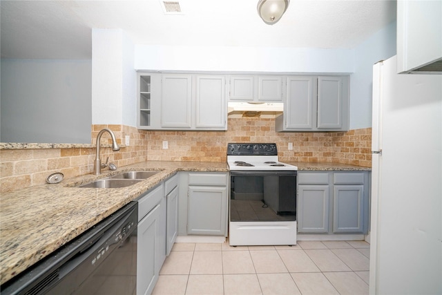 kitchen featuring decorative backsplash, dishwasher, white electric range oven, and sink