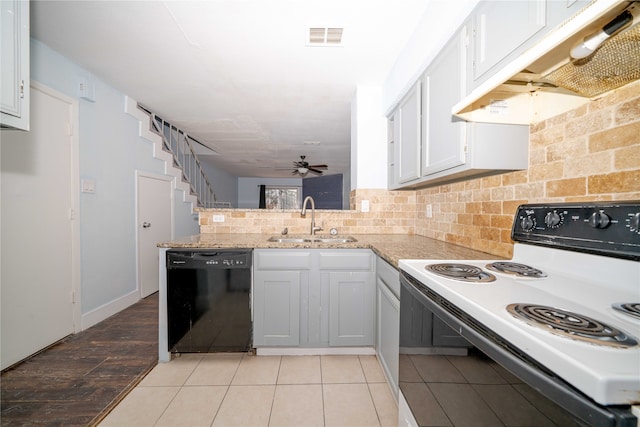 kitchen with sink, light wood-type flooring, black dishwasher, white range with electric stovetop, and white cabinetry