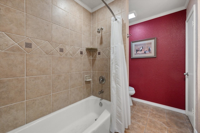 bathroom featuring tile patterned floors, toilet, shower / bath combination with curtain, and ornamental molding