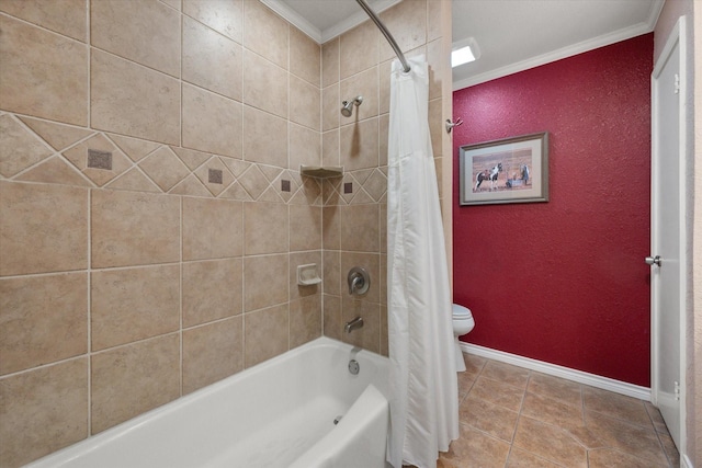 106 Coke St, Streetman, TX 75859 - bathroom with ornamental molding, baseboards, shower / bath combo with shower curtain, toilet, and tile patterned flooring