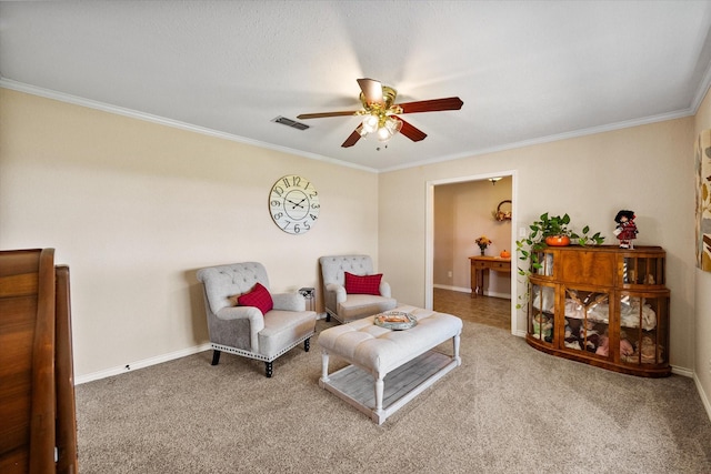 106 Coke St, Streetman, TX 75859 - living area with a ceiling fan, carpet floors, crown molding, and baseboards