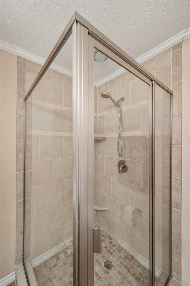 106 Coke St, Streetman, TX 75859 - bathroom featuring crown molding, a textured ceiling, and a shower stall