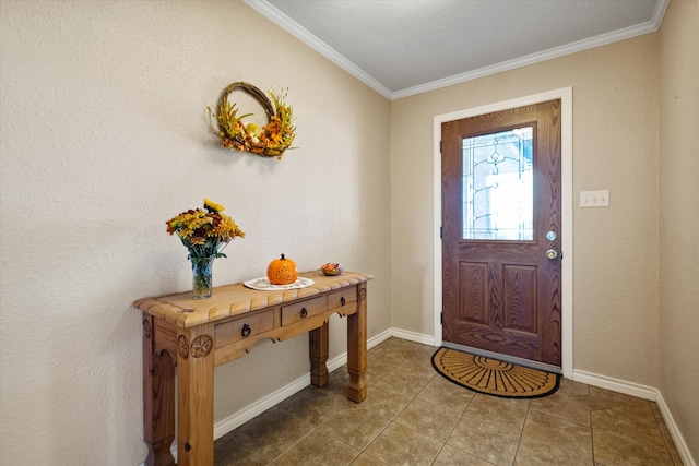 tiled foyer featuring crown molding