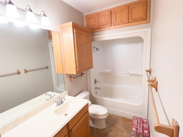 full bathroom featuring tile patterned flooring, vanity, bathing tub / shower combination, and toilet