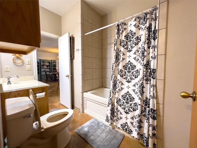 full bathroom with tile patterned flooring, vanity, shower / bath combo, and toilet