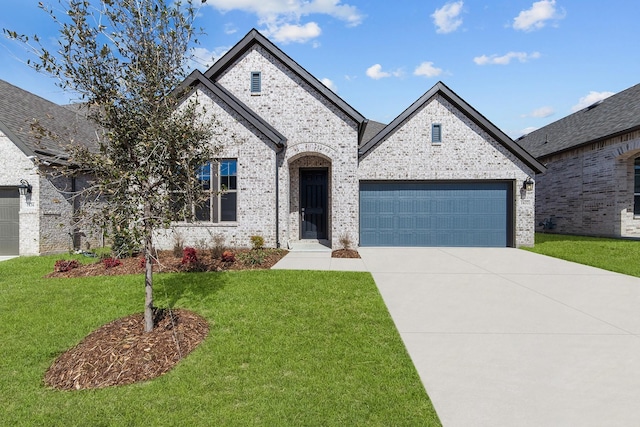 french country style house with a garage, driveway, a front yard, and brick siding