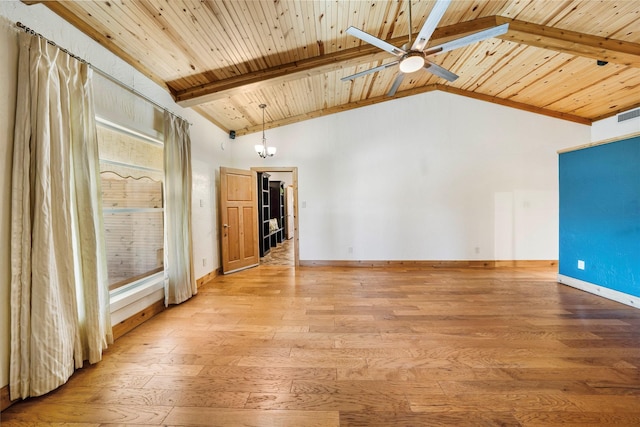 unfurnished living room with light hardwood / wood-style flooring, lofted ceiling with beams, ceiling fan with notable chandelier, and wooden ceiling