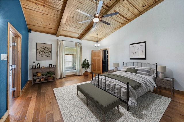 bedroom featuring dark wood-type flooring, wood ceiling, ceiling fan with notable chandelier, and beam ceiling