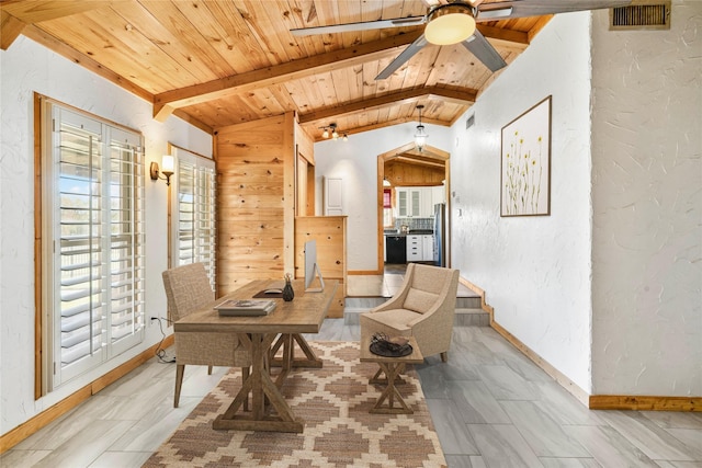 living area with ceiling fan, wood ceiling, and lofted ceiling with beams