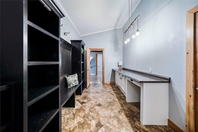 bathroom featuring ornamental molding and vaulted ceiling