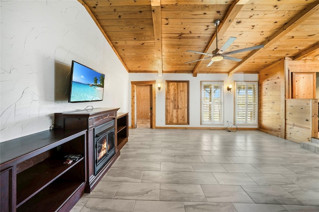 unfurnished living room with wooden ceiling, vaulted ceiling with beams, wooden walls, and ceiling fan