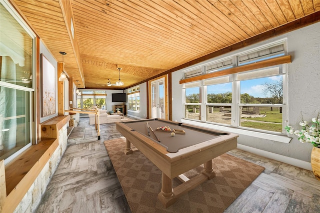 rec room featuring parquet floors, wood ceiling, and billiards