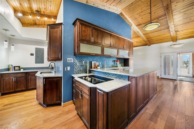 kitchen with electric panel, wood ceiling, black electric cooktop, a kitchen island, and pendant lighting