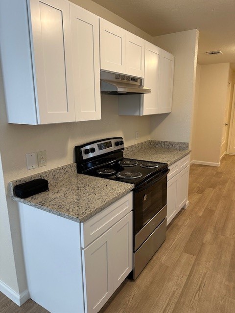 kitchen with light stone counters, exhaust hood, electric stove, light hardwood / wood-style flooring, and white cabinetry