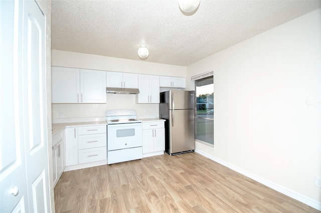 kitchen featuring stainless steel fridge, a textured ceiling, electric stove, light hardwood / wood-style flooring, and white cabinetry