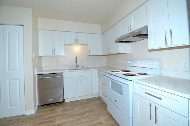 kitchen with stainless steel dishwasher, white cabinets, white electric range, and sink