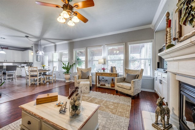 living room featuring a healthy amount of sunlight, dark wood finished floors, a fireplace, and ornamental molding