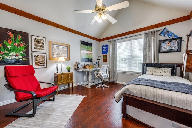 bedroom featuring ceiling fan, dark hardwood / wood-style floors, and lofted ceiling