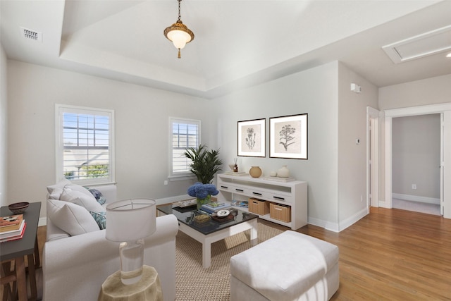 2005 Tremont Blvd, Mckinney, TX 75071 - living area featuring light wood-style flooring, baseboards, and a raised ceiling