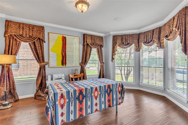 bedroom featuring hardwood / wood-style floors, multiple windows, and ornamental molding