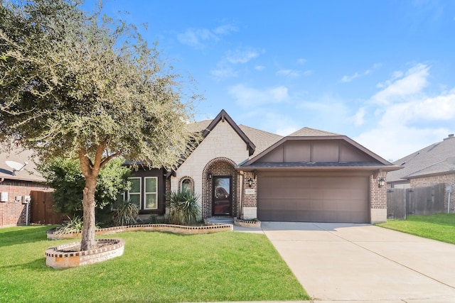 view of front of property featuring a front lawn and a garage