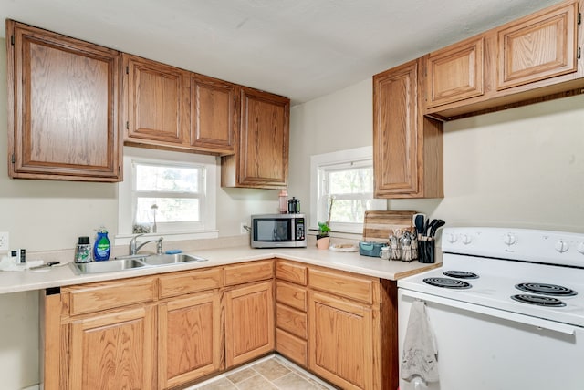 kitchen featuring white range with electric stovetop, a wealth of natural light, and sink