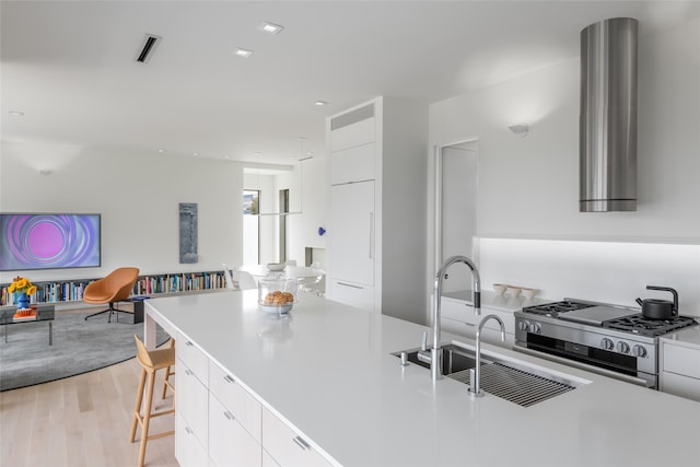 kitchen with a kitchen bar, light wood-type flooring, stainless steel gas range oven, sink, and white cabinets