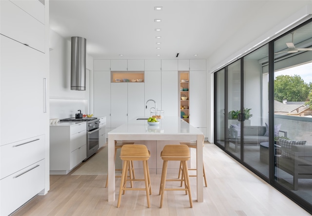 kitchen with a breakfast bar area, white cabinets, high end stainless steel range oven, and ventilation hood